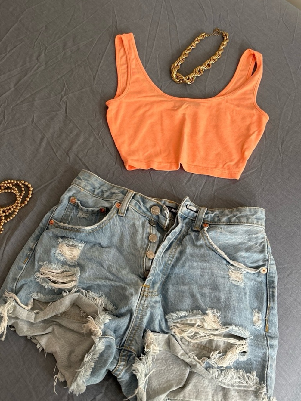 Fashion Orange Crop Tank with blue denim shorts size small no jewelry included